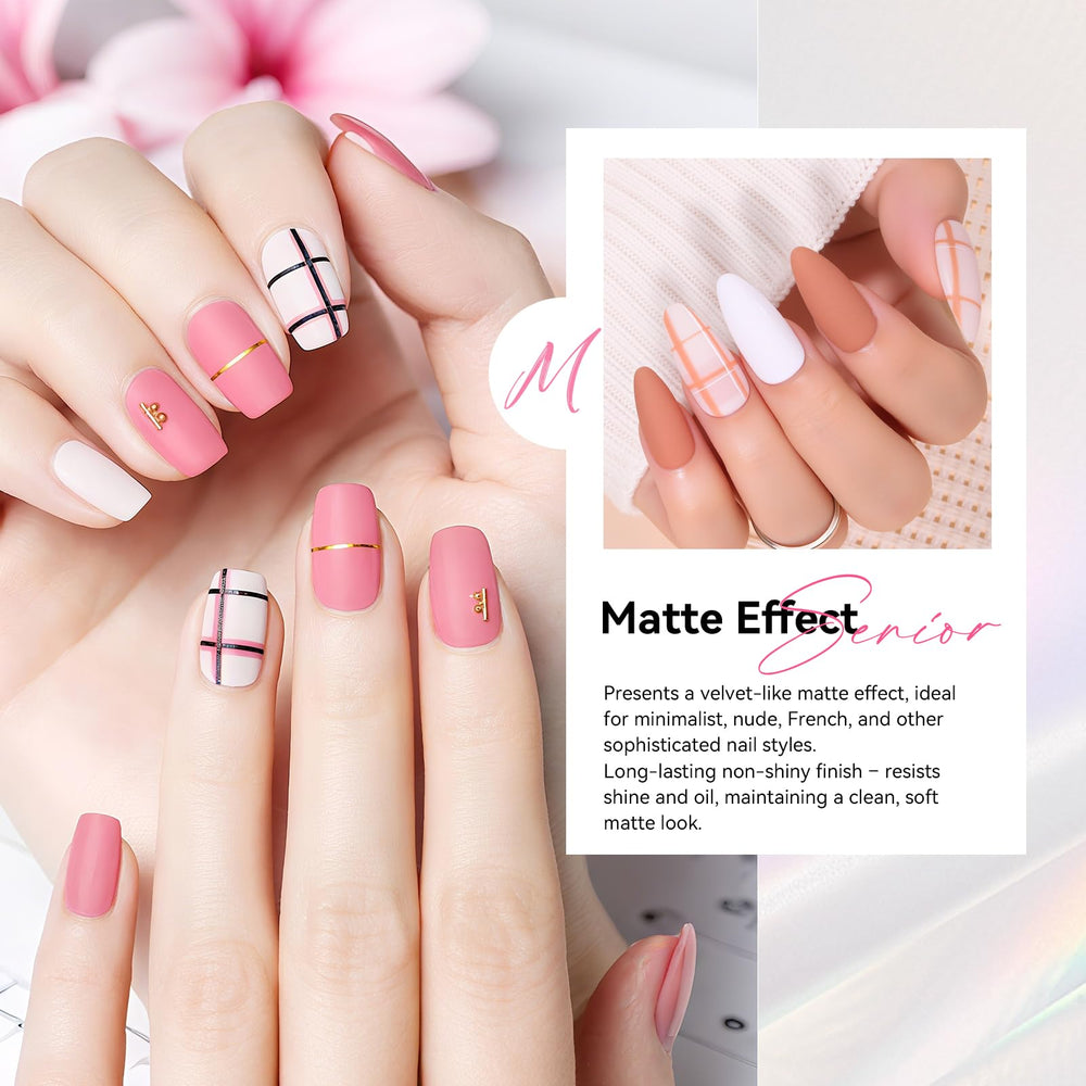 Finished matte nails showcase velvety texture.