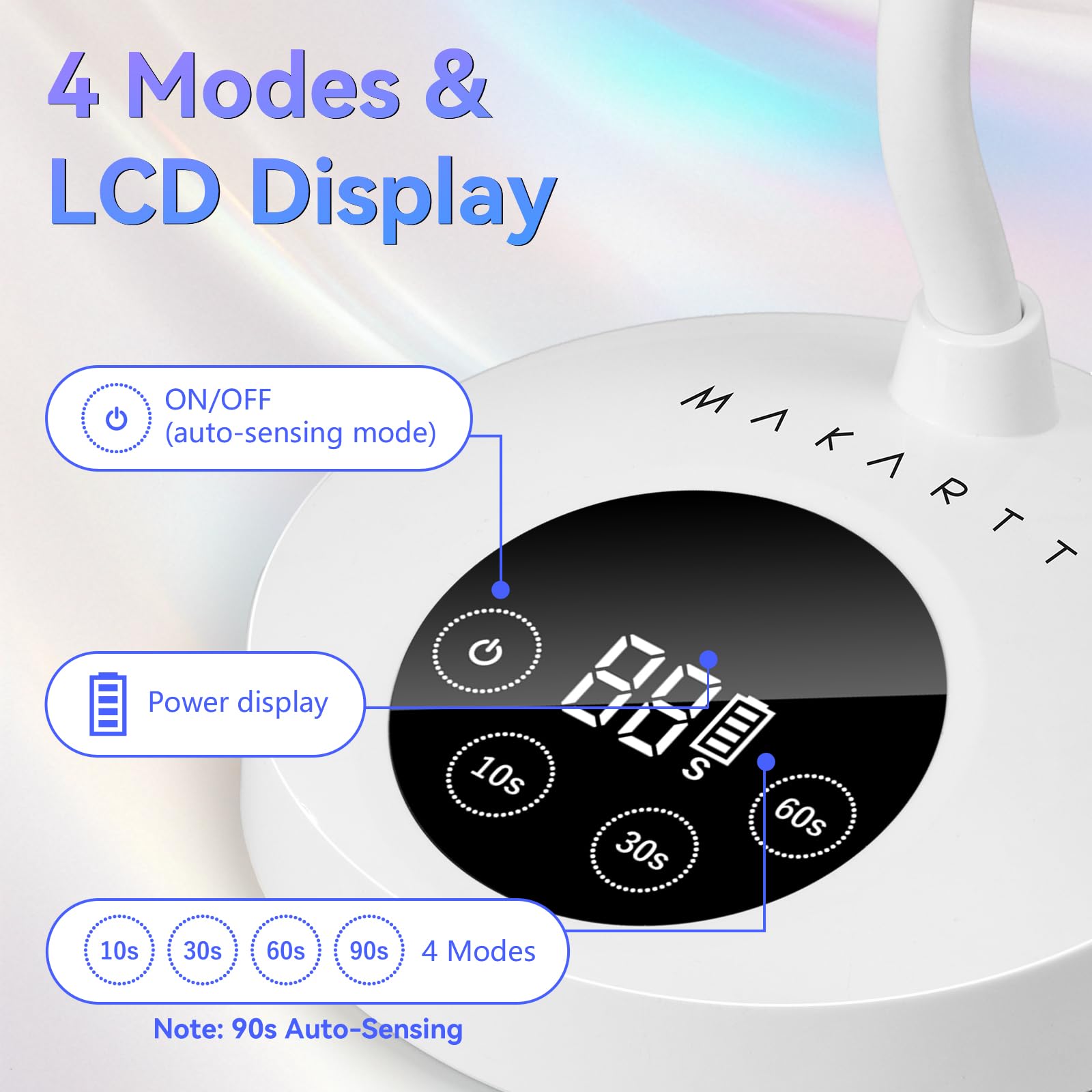 Makartt Mini UV Light LCD display indicating battery and timer status.