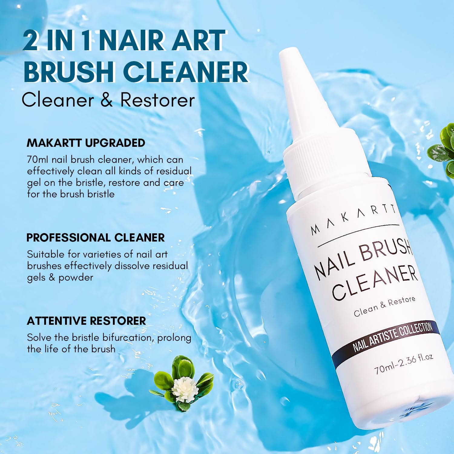 Makartt Nail Art Brushes Cleaner 70ml label close-up emphasizes safe, gentle formula.