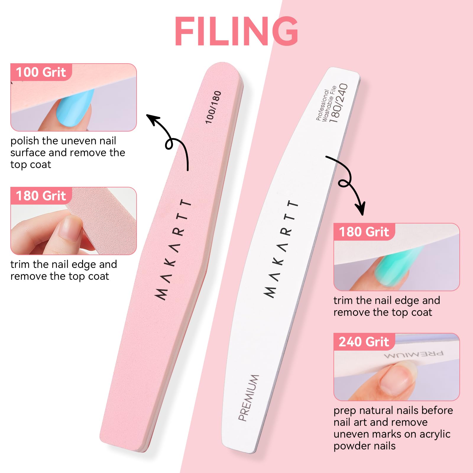 Makartt buffer 100/180 grit creates a smooth nail surface before polish.