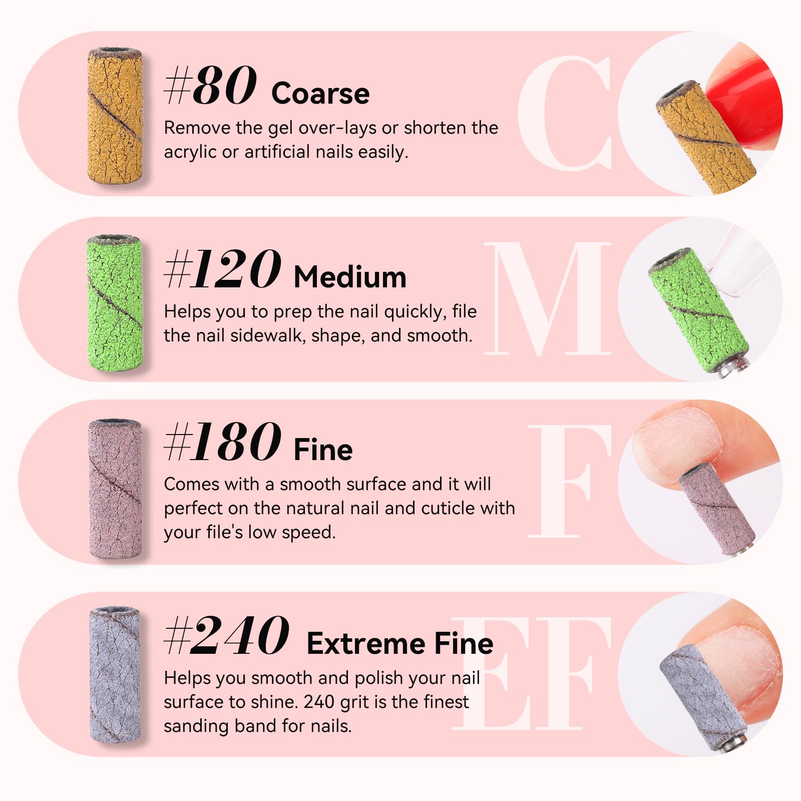 Makartt 180 grit sanding band smooths natural nails at low speed.