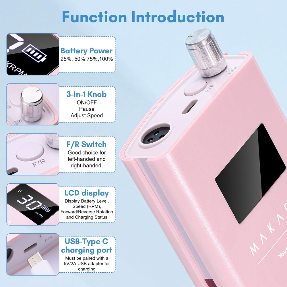 Makartt nail drill LCD display shows RPM and battery status during use
