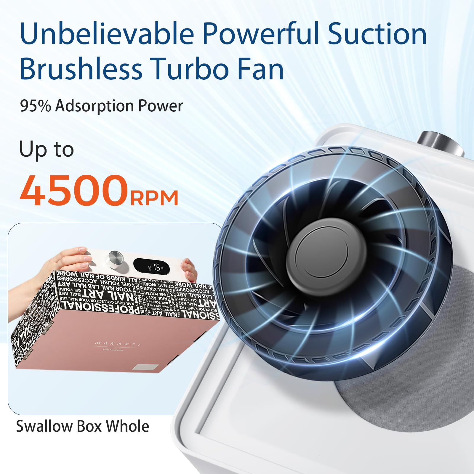 Makartt Nail Dust Collector 9-blade motor provides high-powered suction for efficient dust capture.