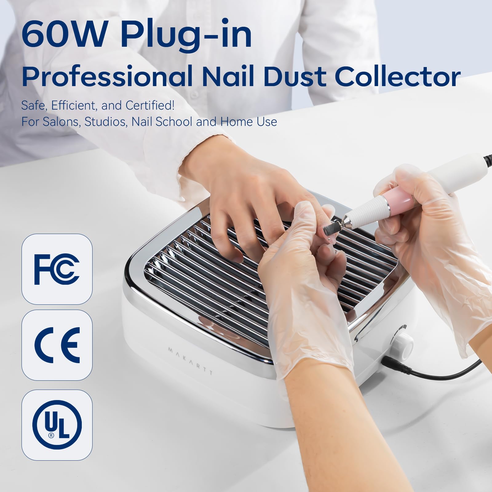 Makartt Nail Dust Collector in-use in a salon setup for a tidy workstation