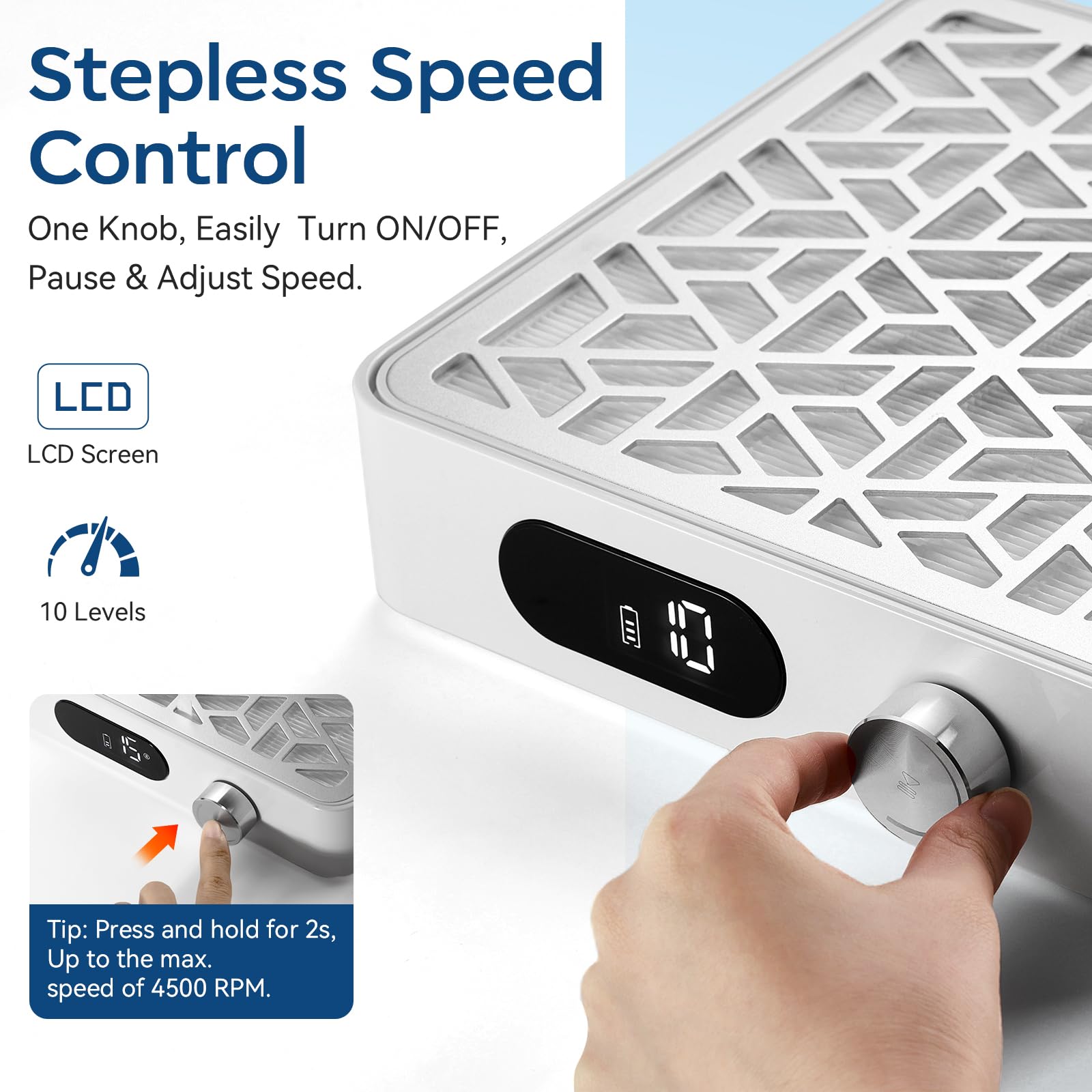 Makartt Nail Dust Collector LCD display helps you dial in speeds.