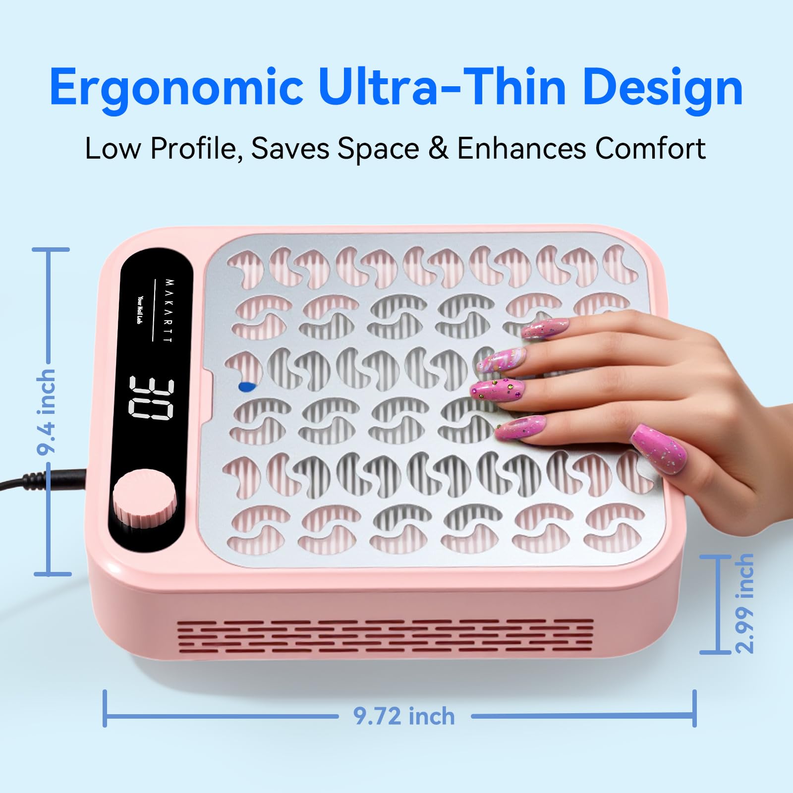 Makartt LED display shows adjustable suction for precise dust control during nails.