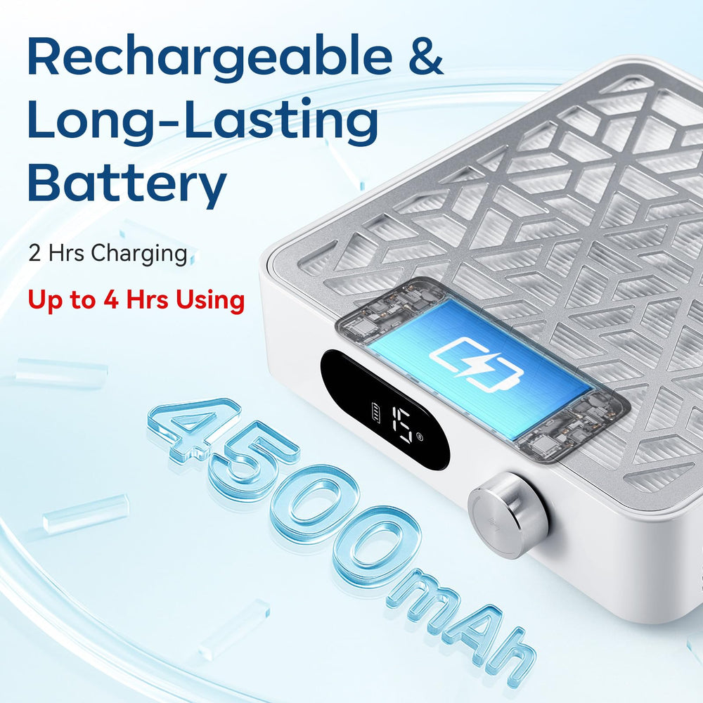 Makartt Nail Dust Collector rechargeable battery supports cordless use for flexible setups.