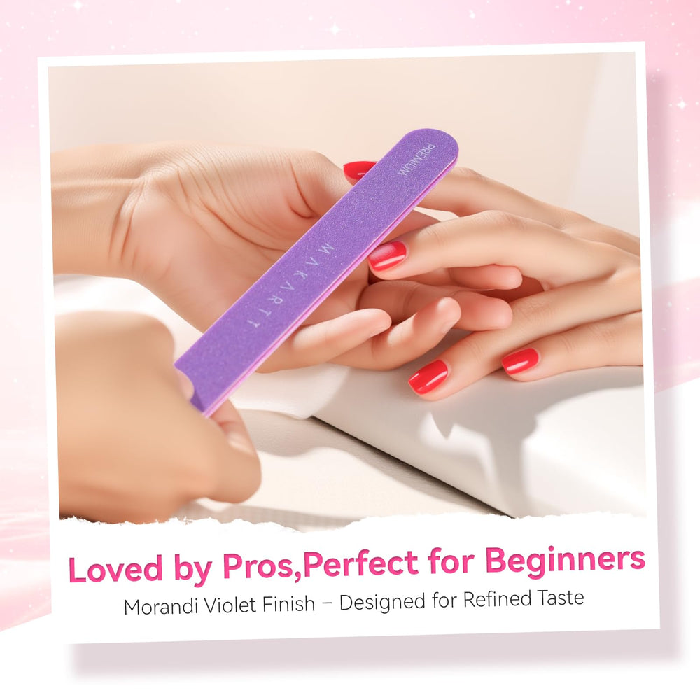 Makartt purple-finish nail file portrait showcases professional aesthetic and travel-friendly set.