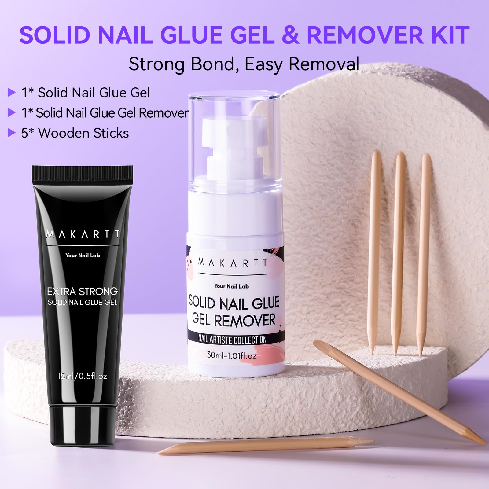 Makartt nail glue remover solid formula enables quick, gentle removal.
