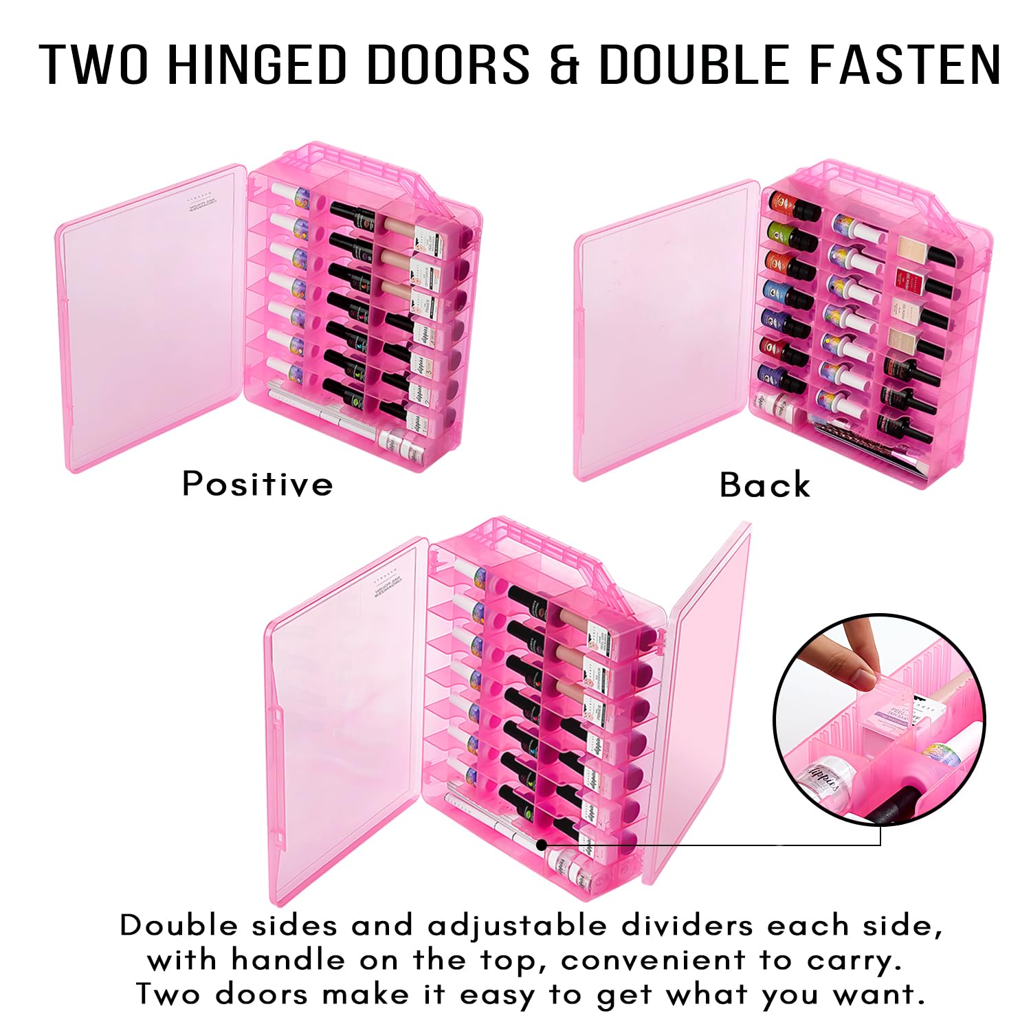 Makartt Nail Polish Organizer interior compartments show adjustable sections for tools.
