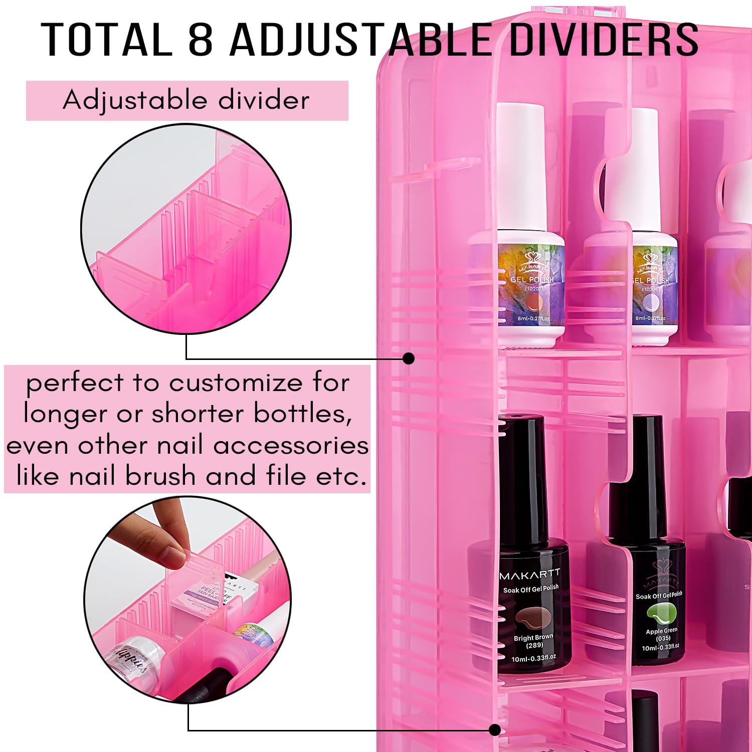 Makartt Nail Polish Organizer opened with bottles reveals clear color palette.