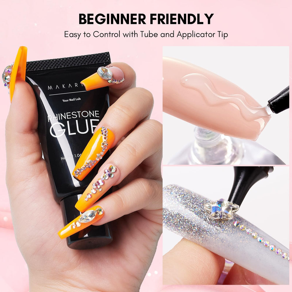 Makartt Nail Rhinestone Glue 60ml gems attached shows secure embellishments.