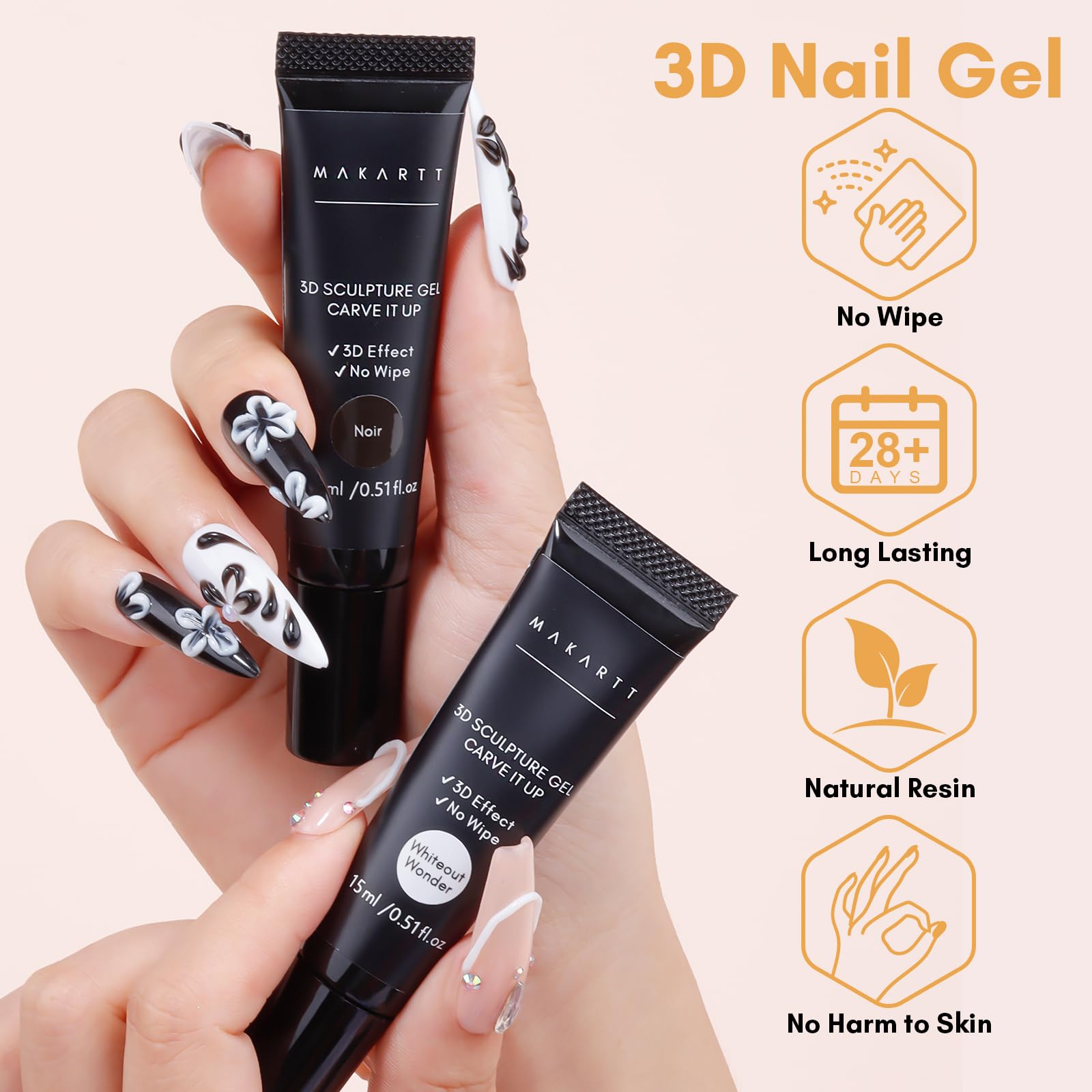 Makartt Noir 3D gel nail art demonstrates bold black detailing with a glossy finish.