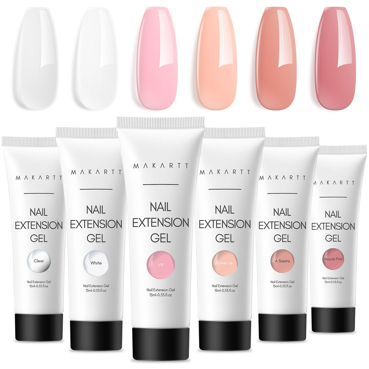 Makartt Poly Nail Gel Kit 6 colors swatches for versatile neutral extensions.