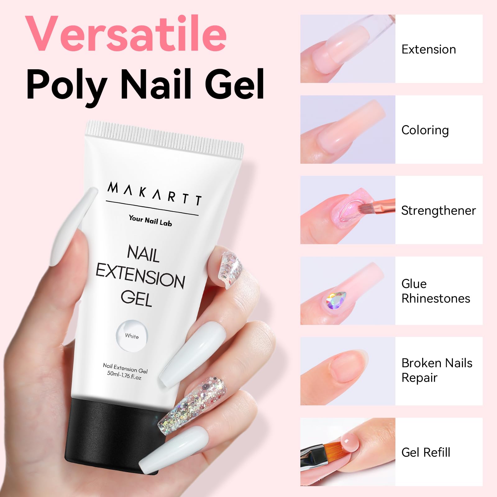 Makartt Poly Nail Gel White 50ML brush-dip enables precise nail construction.