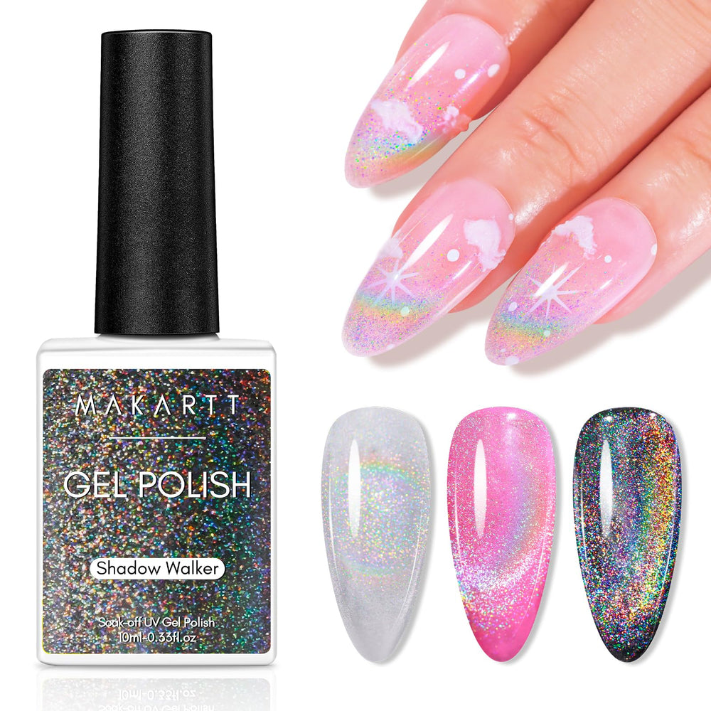 Makartt Rainbow Cat Eye Gel Nail Polish bottle closeup—vivid holographic sparkle for striking nails.