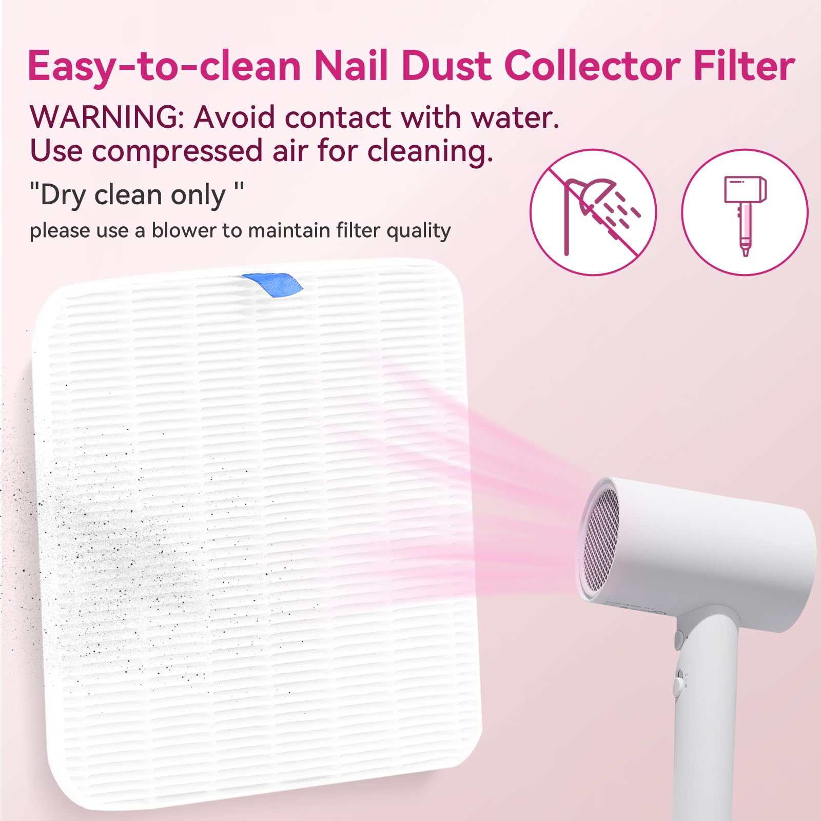 Makartt reusable filter being cleaned with a hair dryer.