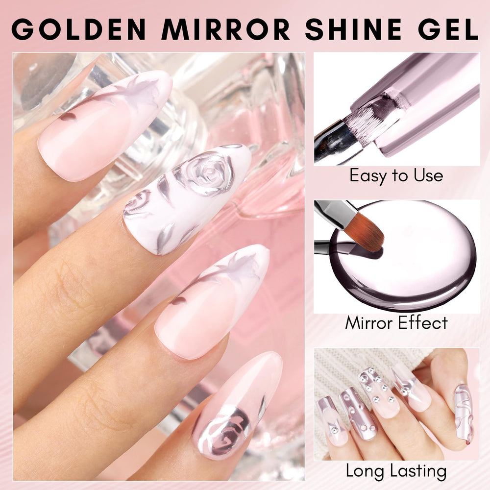 Makartt Rose Gold Chrome Nails Closeup highlights reflective color for party ready nails.