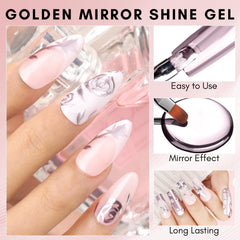 Makartt Rose Gold Chrome Nails Closeup highlights reflective color for party ready nails.