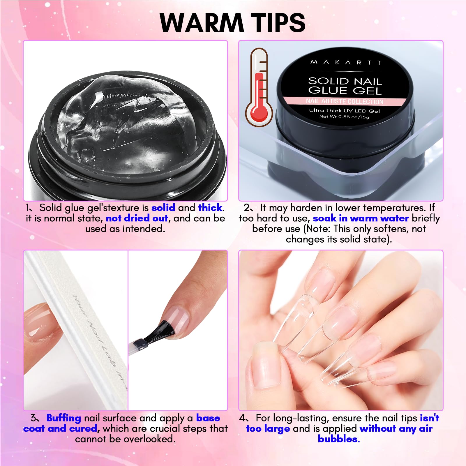 Makartt Solid Nail Glue Gel finish emphasizes silicone-like smoothness after cure.