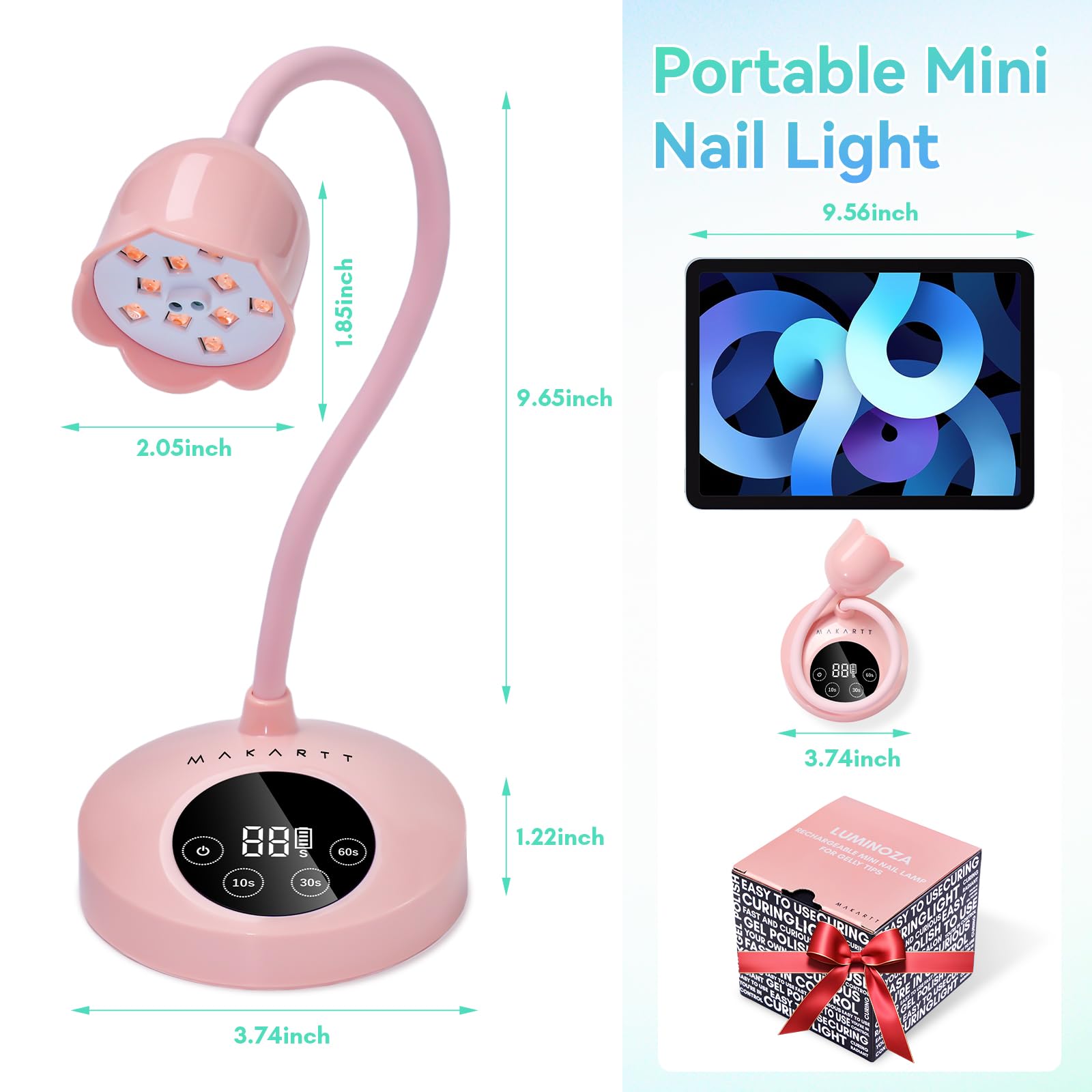 Makartt UV Nail Lamp LCD display shows battery and timer status.