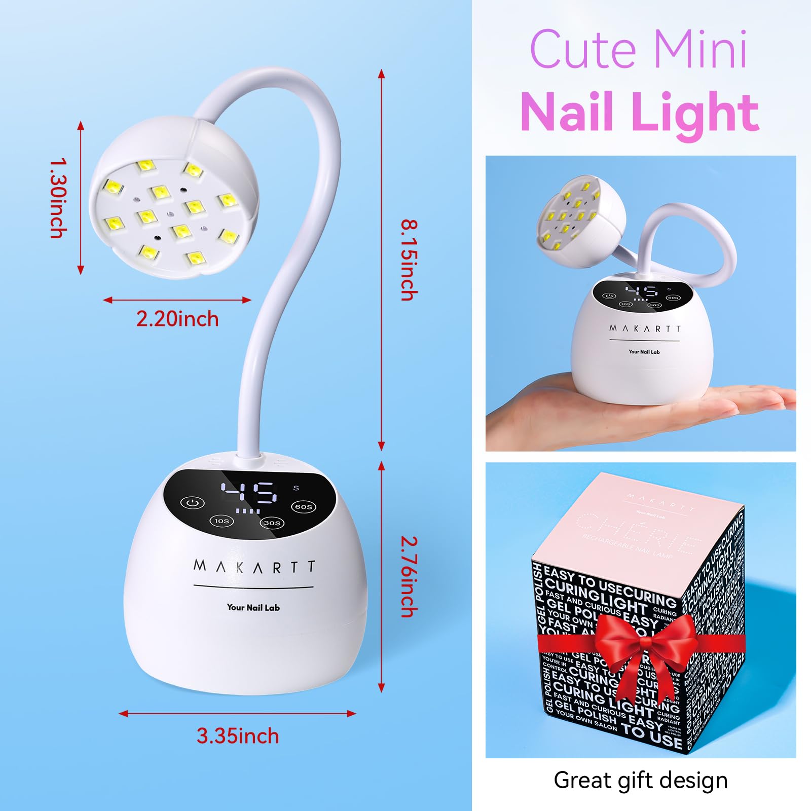 Makartt white-compact-nail-lamp demonstrates portable, elegant look and on-the-go convenience.
