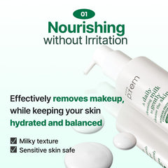 Hands apply MAKEP:REM Safe Me. Relief Moisture Cleansing Milk to the face for gentle cleansing.