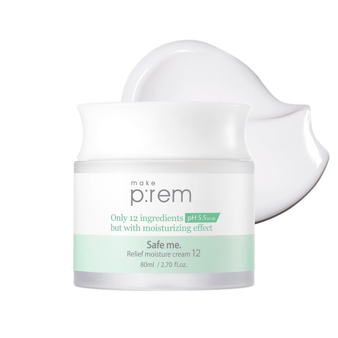 MAKEP:REM Safe Me Relief Moisture Cream bottle shows minimalist packaging for gentle daily hydration