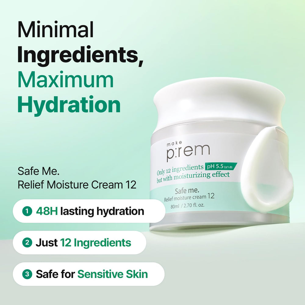 MAKEP:REM Safe Me Relief Moisture Cream jar closeup conveys clean, 12-ingredient purity