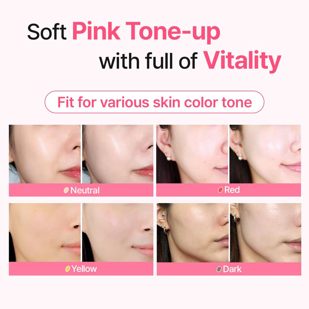 MAKEP:REM Pink-tinted sunscreen swatch on skin reveals natural glow and even tone