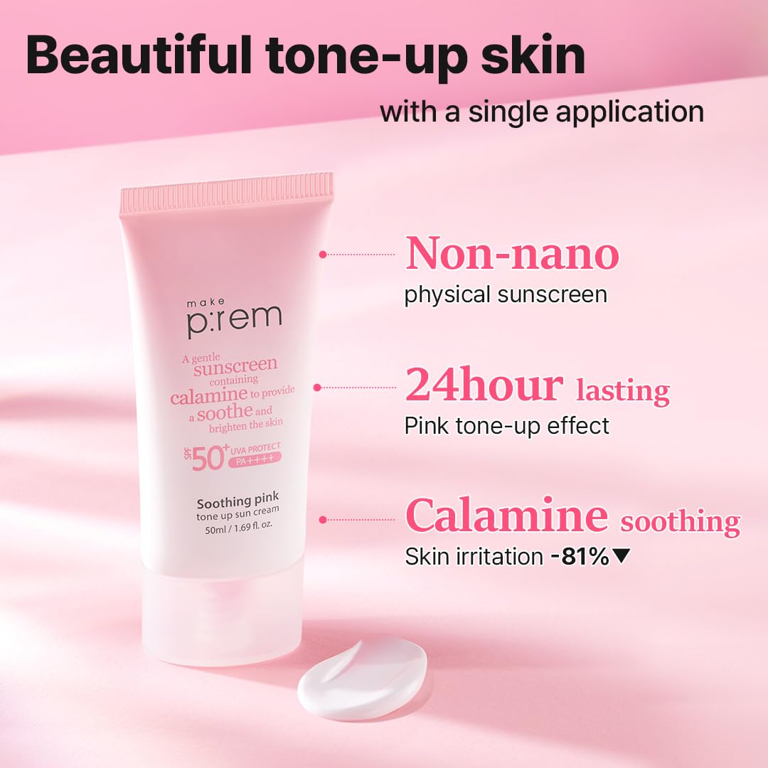 MAKEP:REM Soothing Pink Tone Up Sunscreen texture close-up shows light, non-greasy lotion