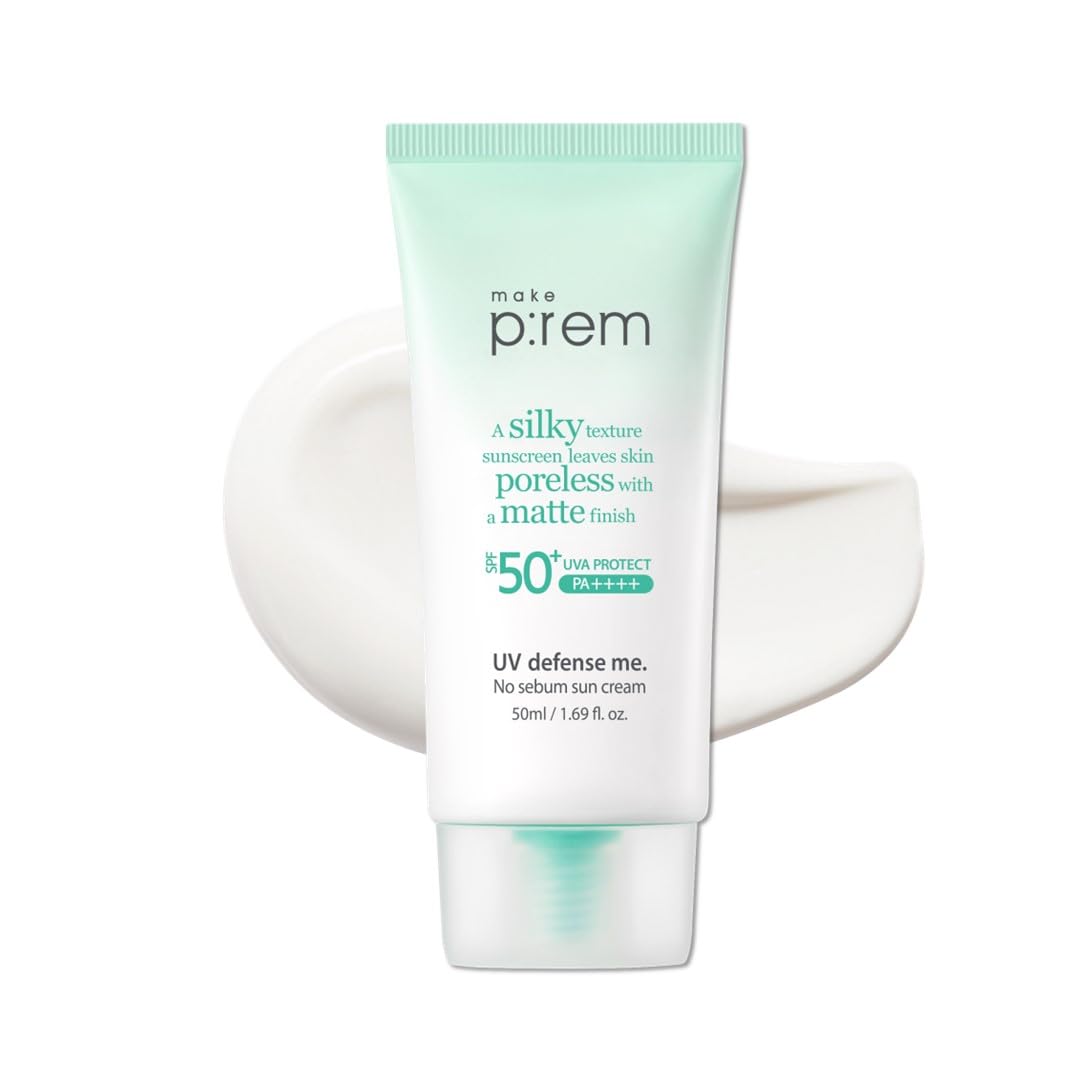 MAKEP:REM UV Defence me No Sebum sunscreen bottle showing SPF 50+ protection for daily use.