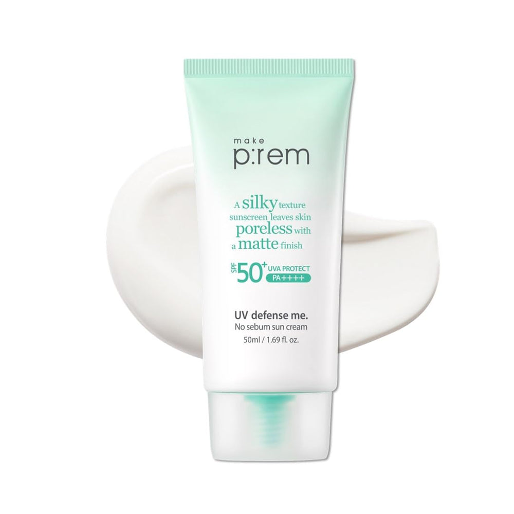 MAKEP:REM UV Defence me No Sebum sunscreen bottle showing SPF 50+ protection for daily use.
