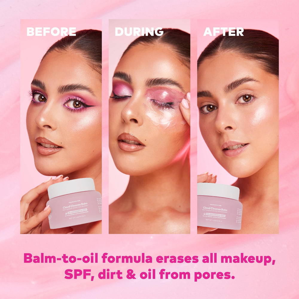 MakeUp Eraser Cloud Cleanse Balm bottle highlights Niacinamide for even skin tone.