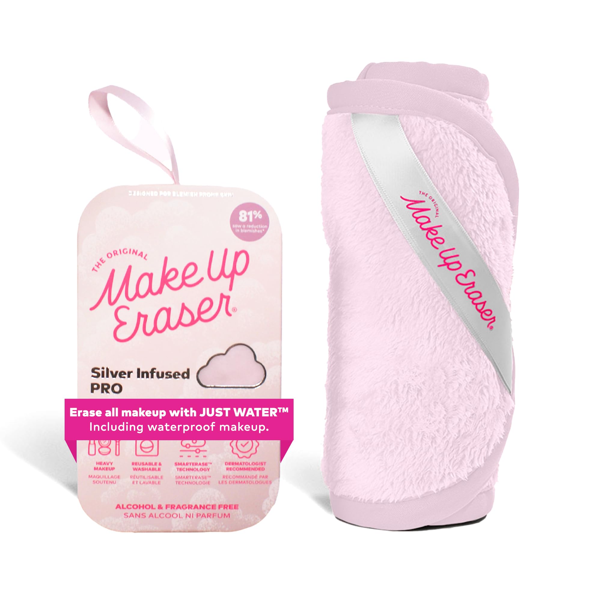MakeUp Eraser PRO water-activation fiber demonstrates makeup removal with water.