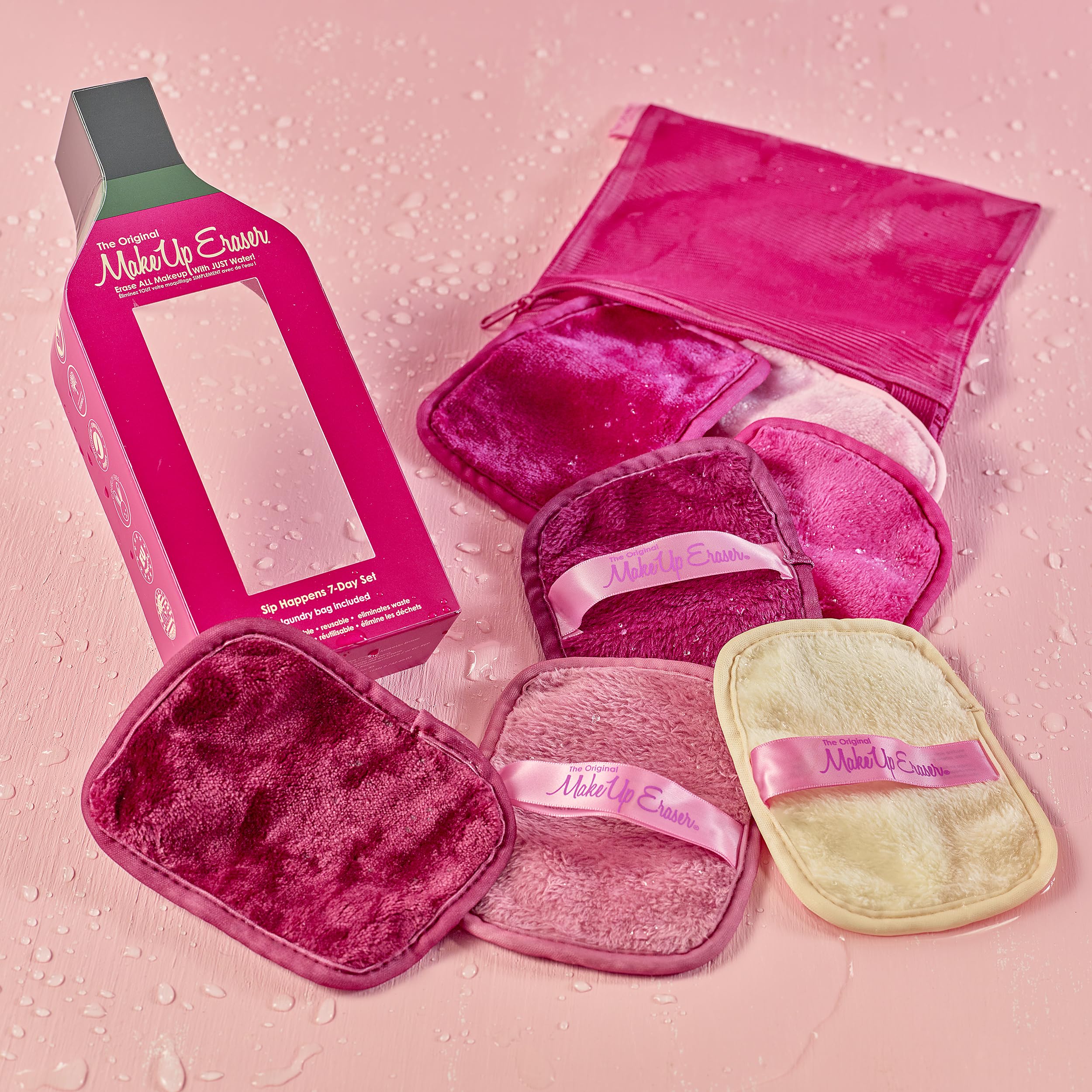 MakeUp Eraser reusable-washable microfiber shown under sink emphasizes eco-friendly reuse.