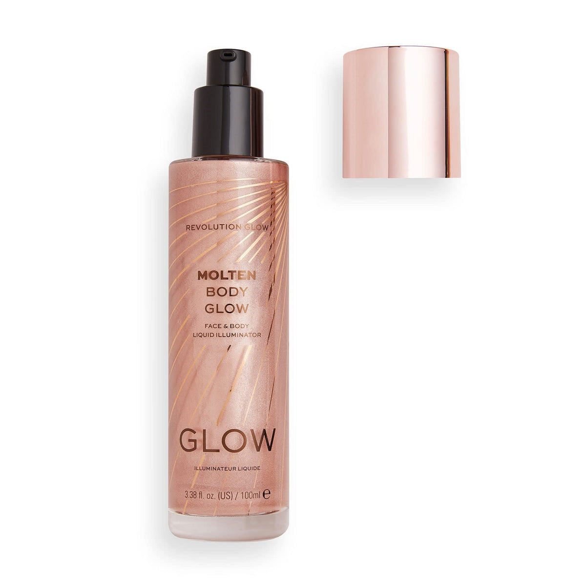 Makeup Revolution Molten Body Glow Rose Gold bottle shows pink shimmer for radiant glow