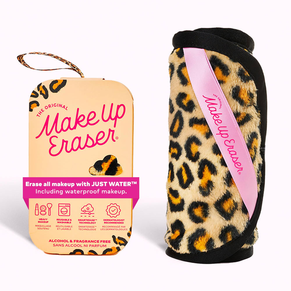 MakeUp Eraser PRO Leopard packaging close-up highlights sustainable makeup removal option.
