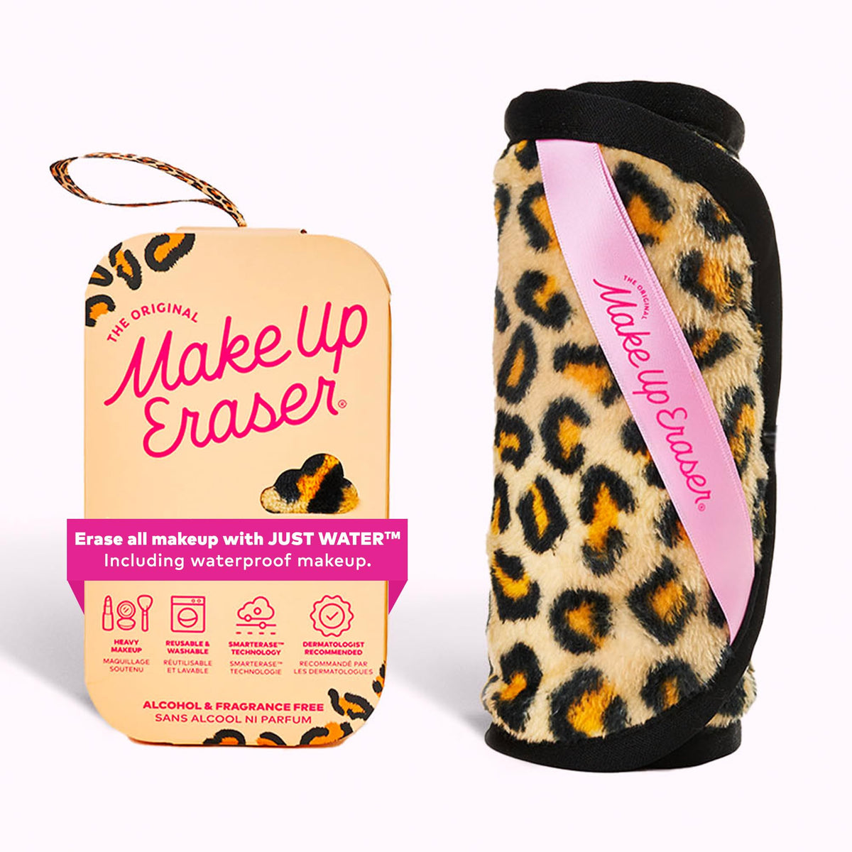 MakeUp Eraser PRO Leopard packaging close-up highlights sustainable makeup removal option.
