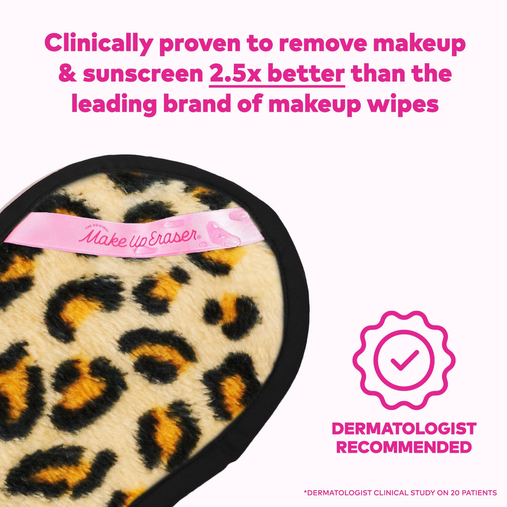 MakeUp Eraser PRO Leopard short-fiber side close-up shows gentle makeup erase.