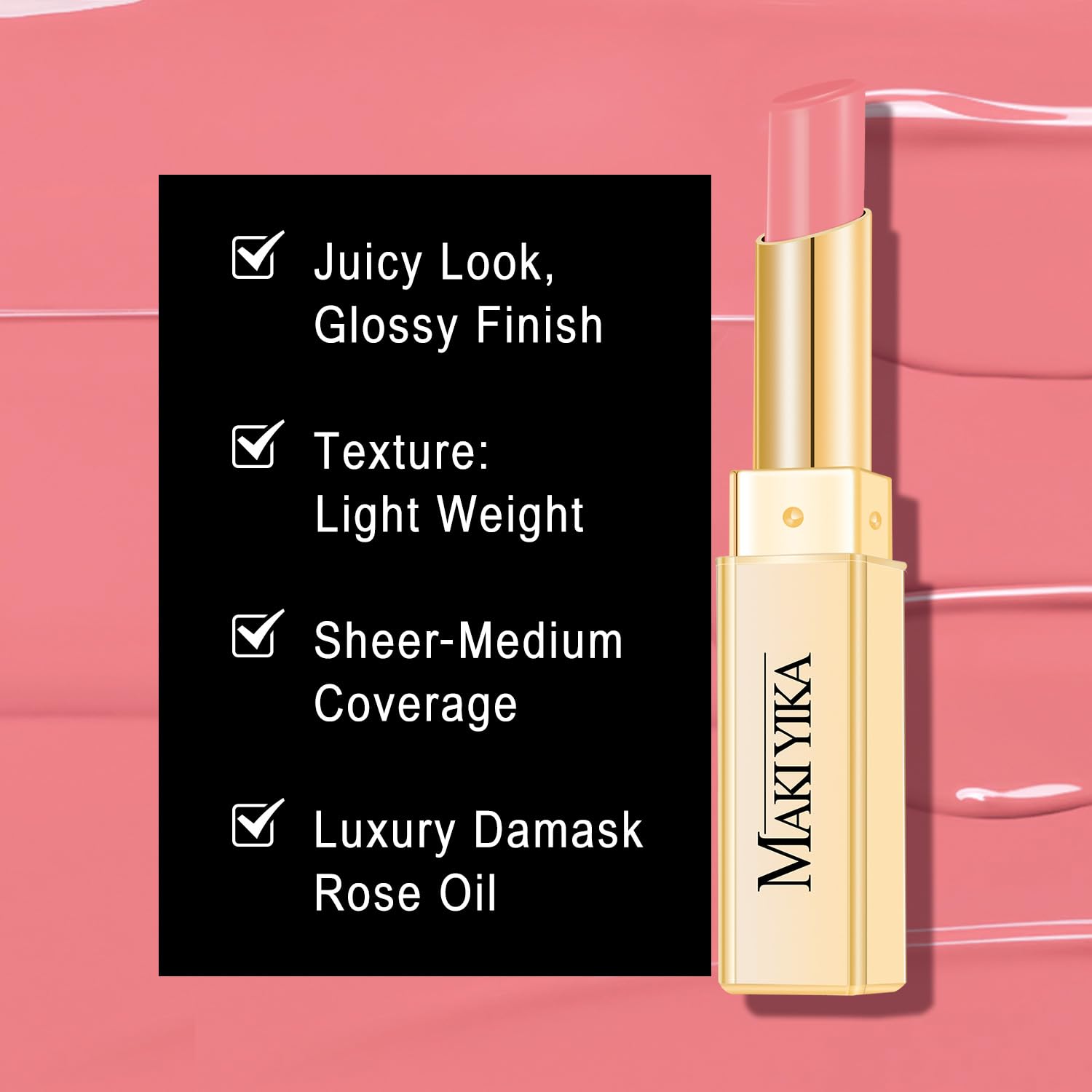 MAKI YIKA Moisture Lipstick on lips delivers glossy nude finish with hydration