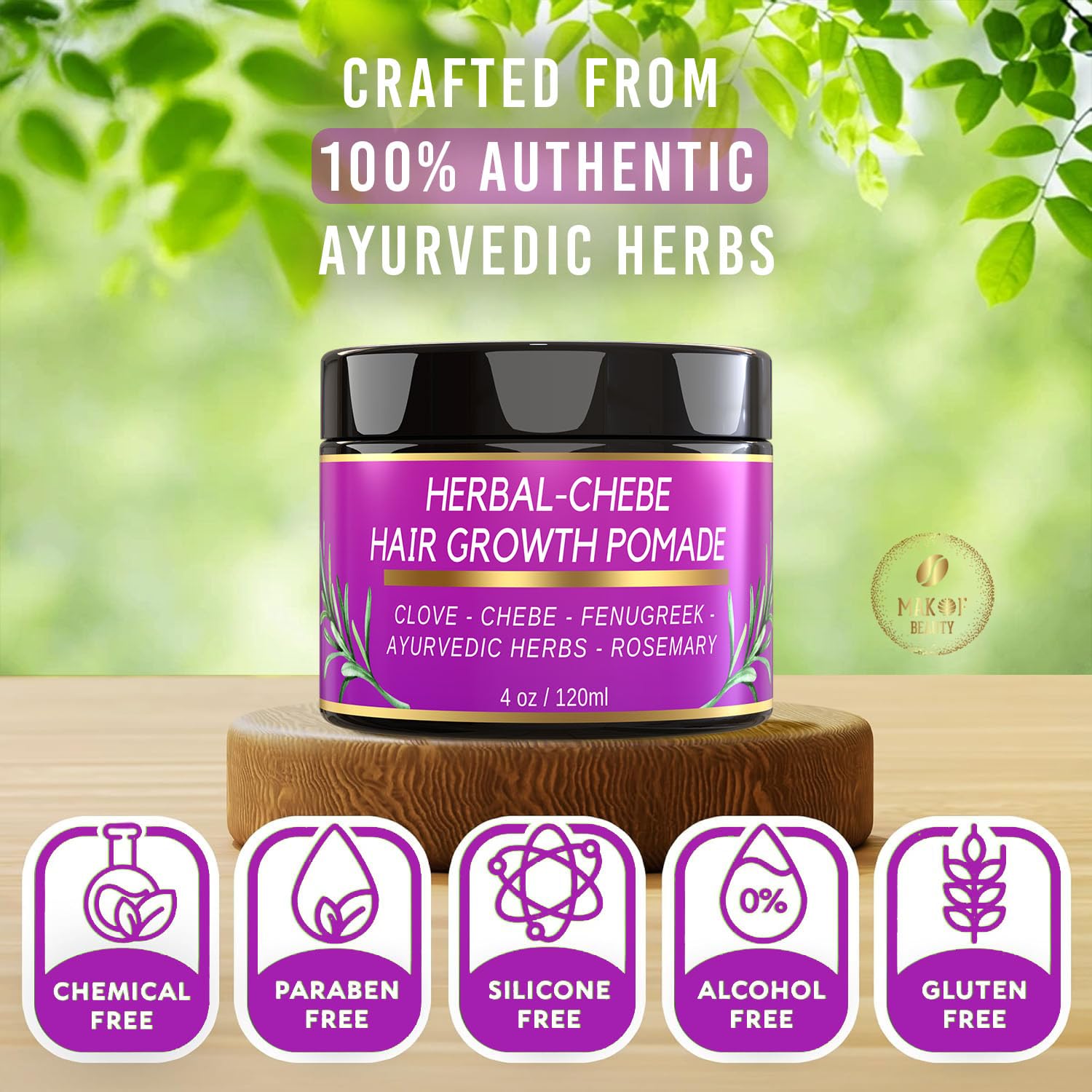 Makof Beauty Chebe Magic ingredients with rosemary and moringa for nourished hair.