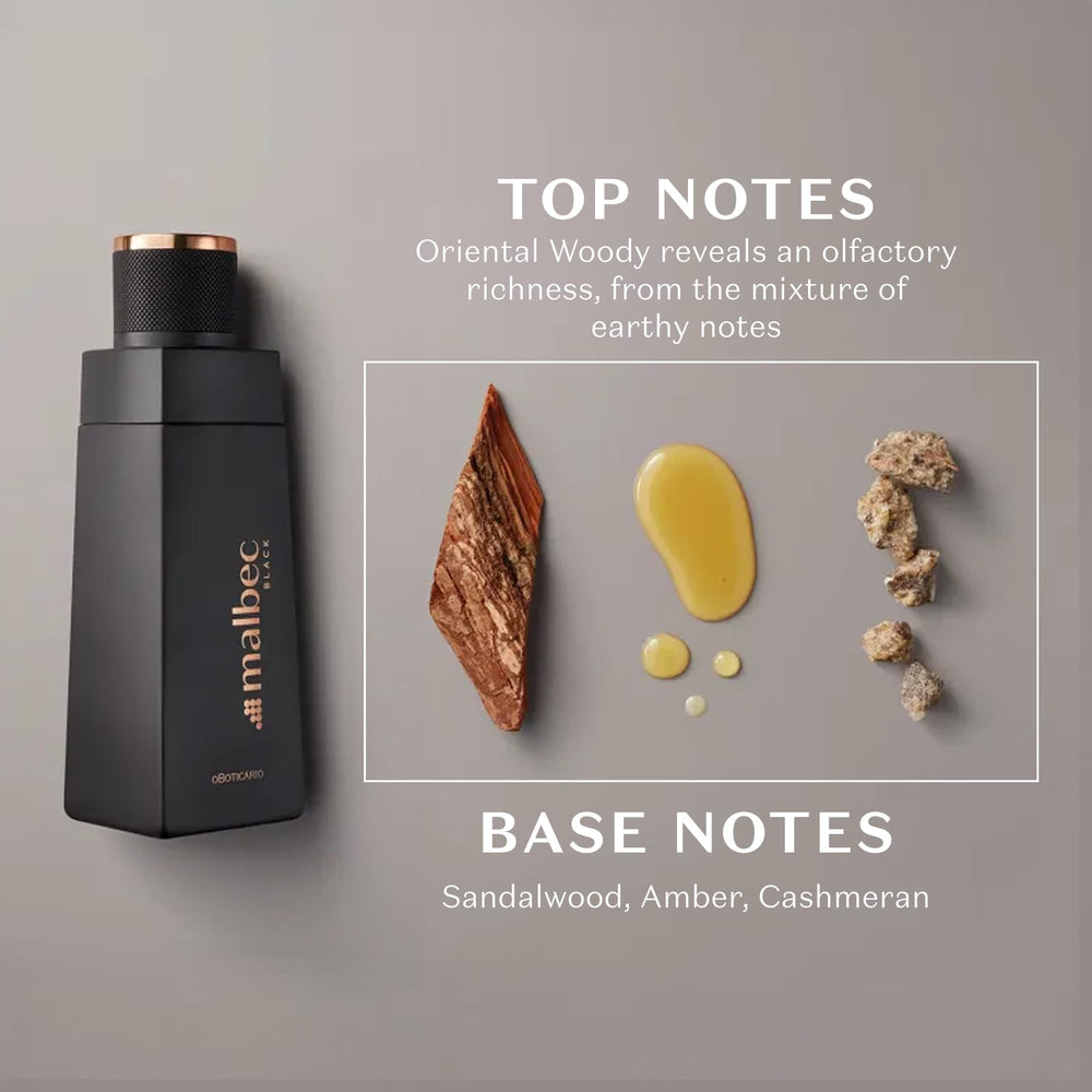 Malbec Black wood-notes close-up conveys rich oakwood and masculine warmth.