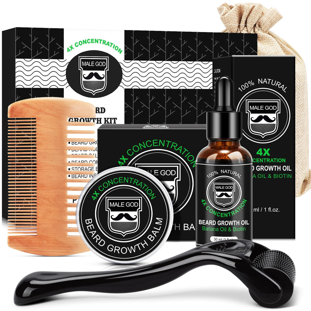 MALE GOD beard oil bottle shows nourishing growth for patchy areas