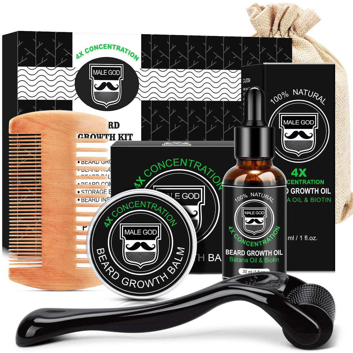 MALE GOD beard oil bottle shows nourishing growth for patchy areas