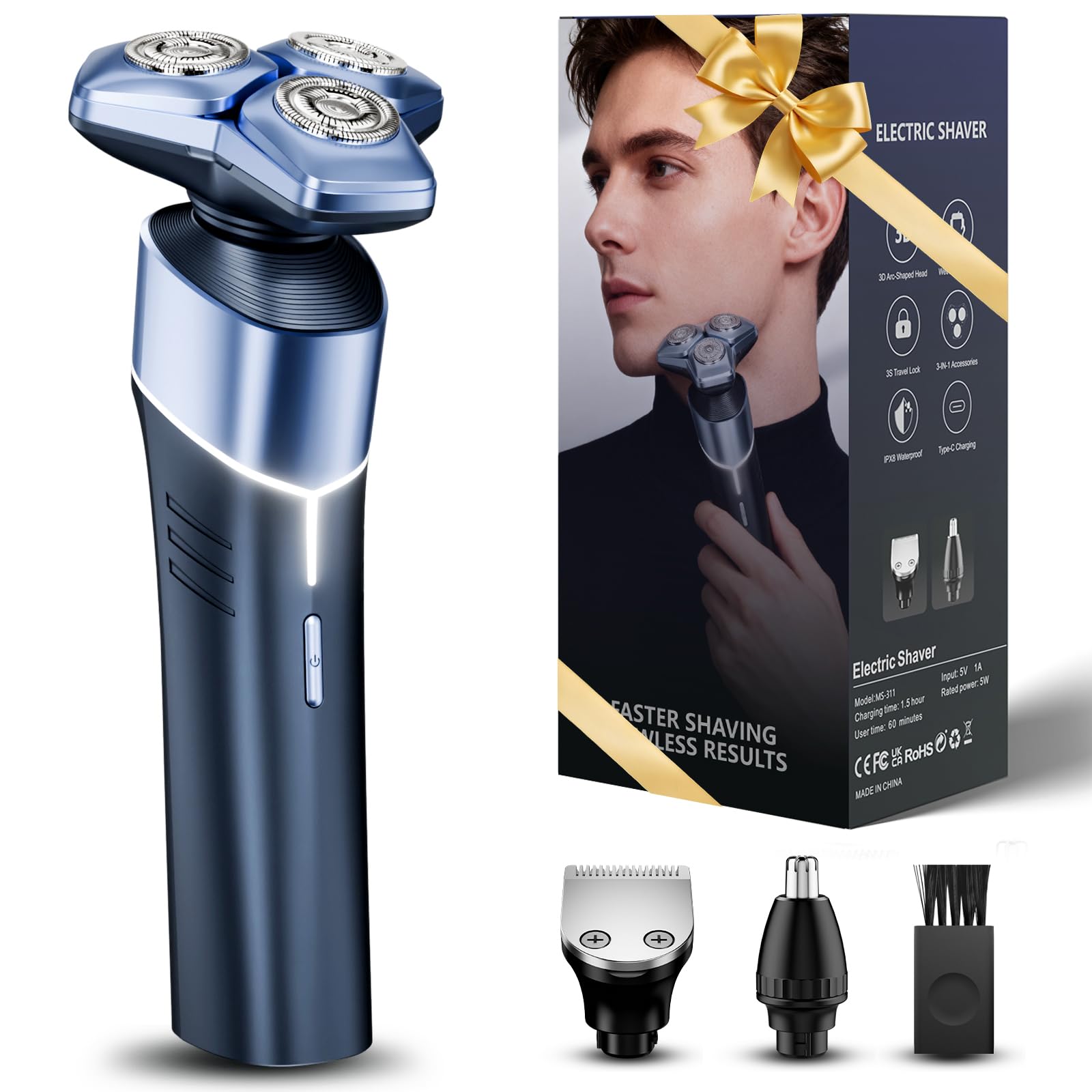 MALEGEBAZ electric razor with 3D arc blades close-up for a comfortable, irritation-free shave.