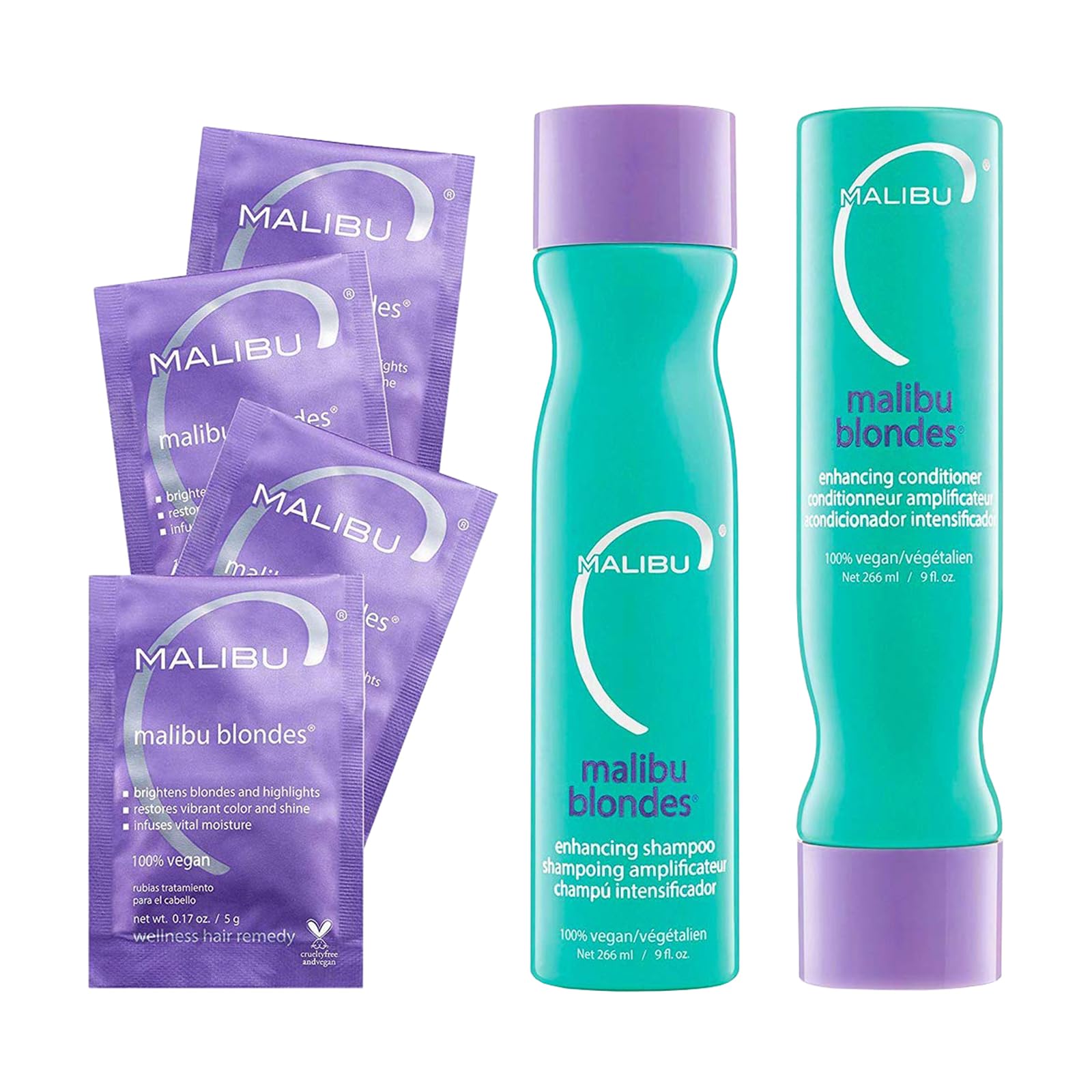 Malibu C Blondes Shampoo bottle pouring to protect color during cleansing.