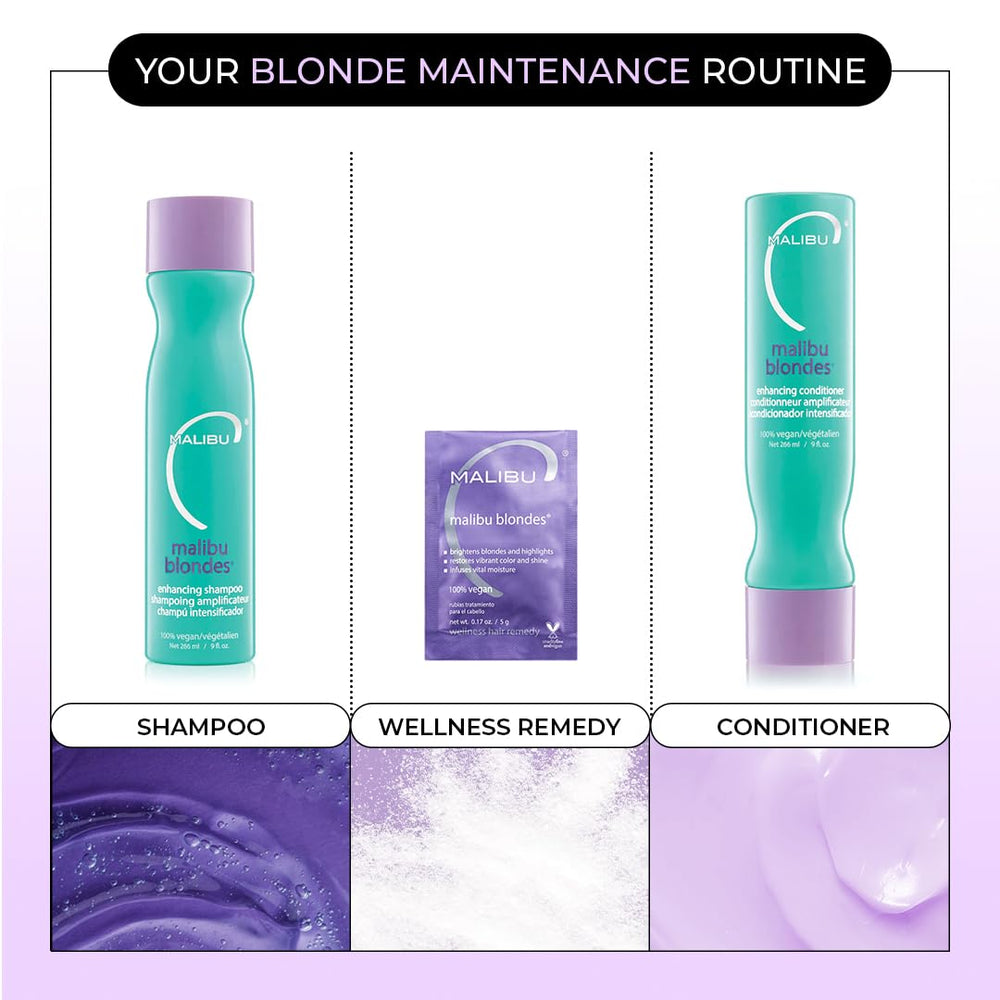 Malibu C Blondes Purple Shampoo and Conditioner set with glossy hair shine.