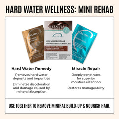 Malibu C hard water remedy packet close-up showing mineral-removal action.