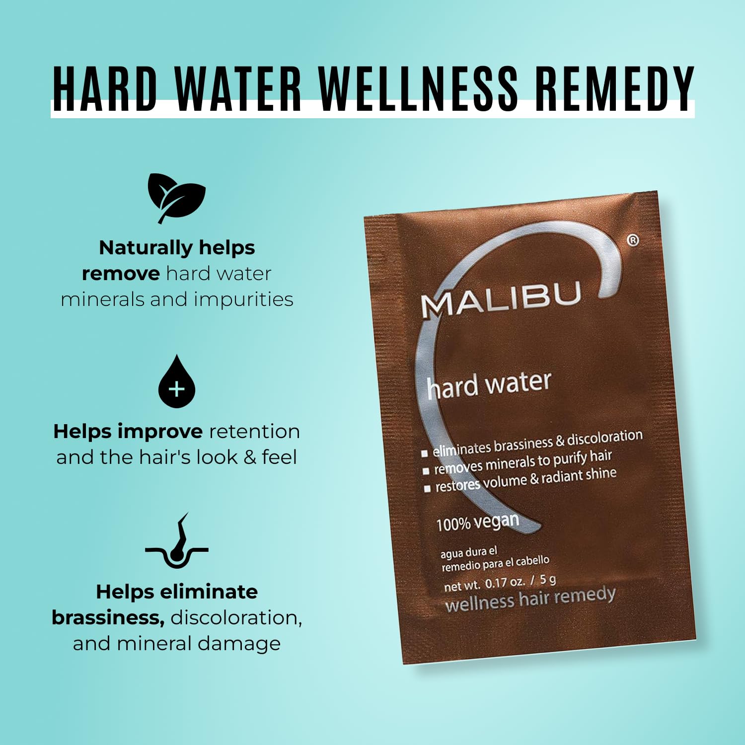 Malibu C Hard Water Wellness Remedy bottle label shows vegan, sulfate-free formula benefits.